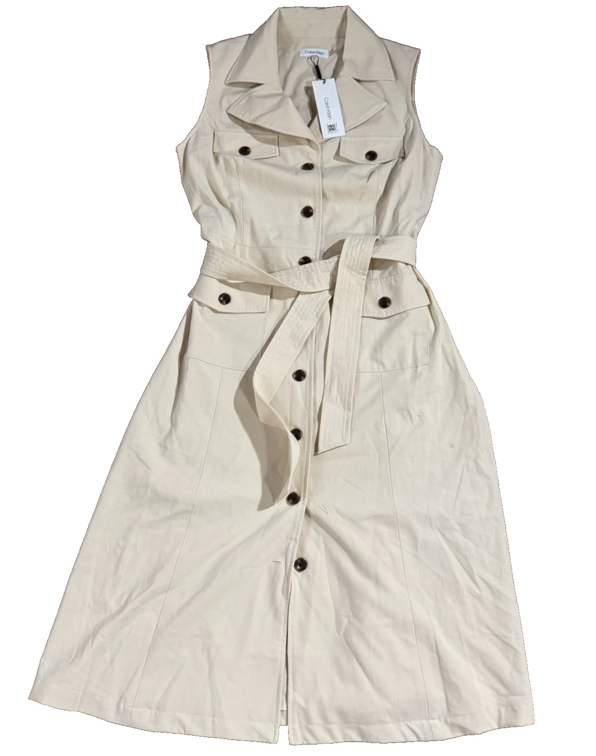 NEW Calvin Klein Dress Size 8 Cream Light Sleeveless Buttons Belted Pockets NWT