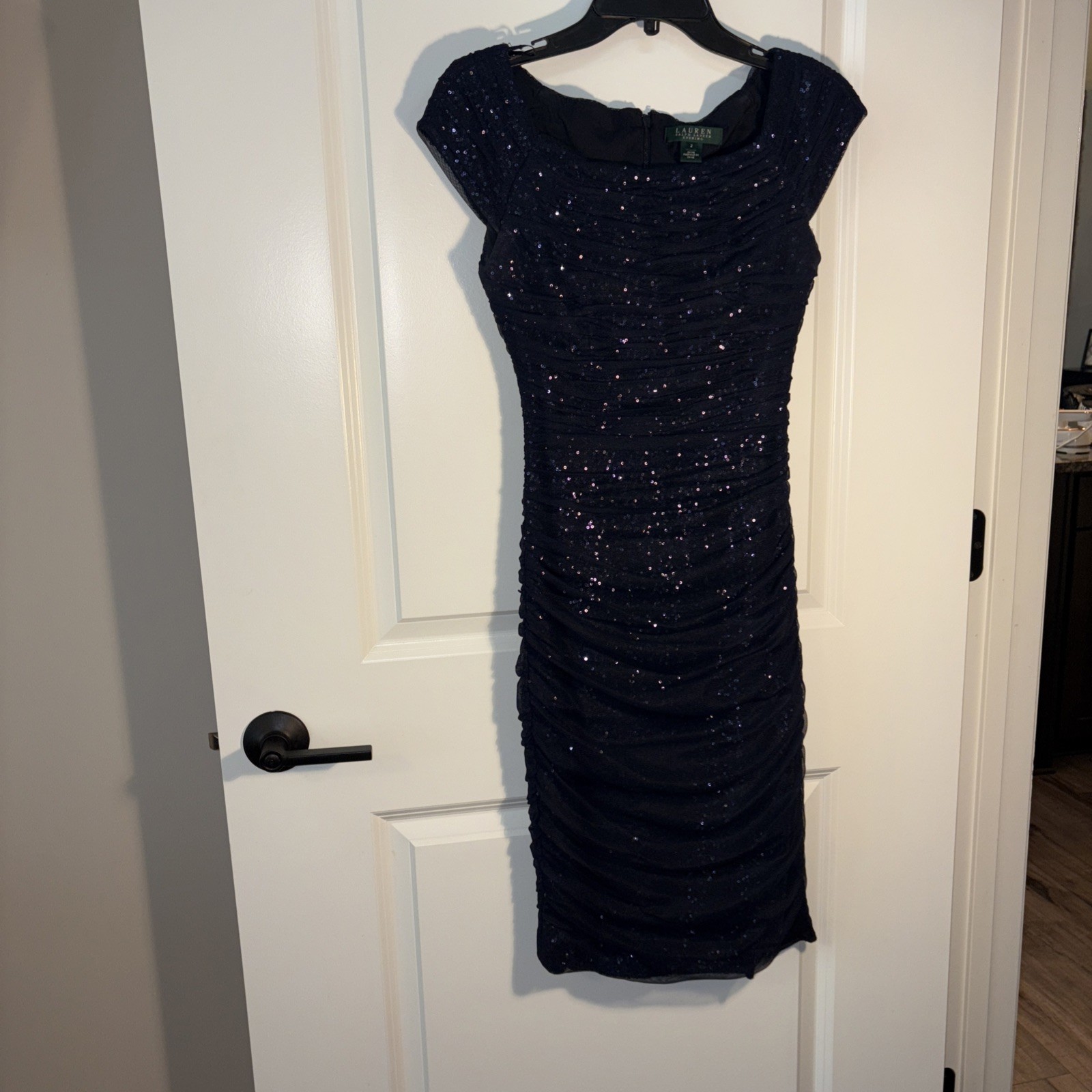 Ralph Lauren ladies evening dress, Navy blue sequence, size 2, Zip Up The Back