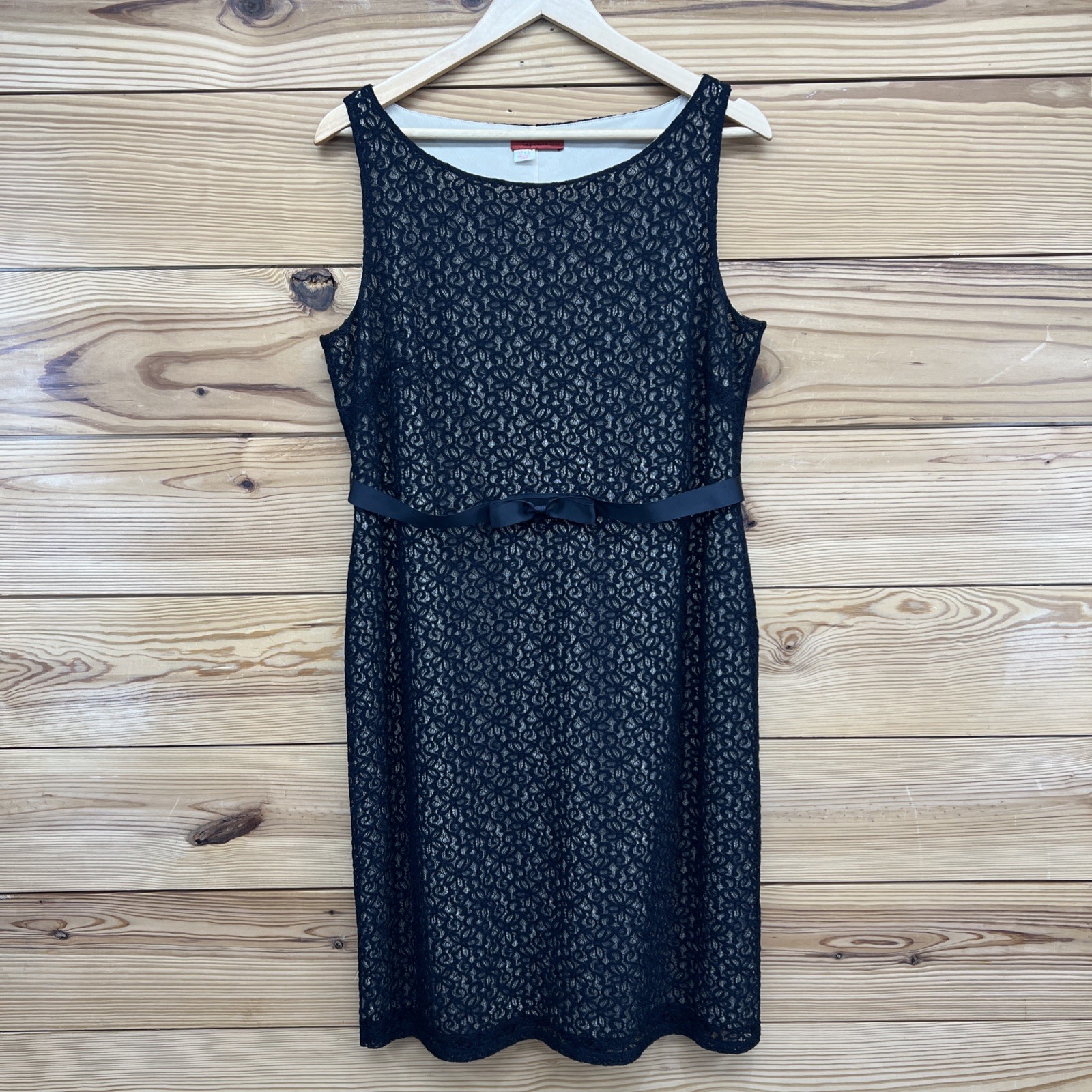 Tape Measure Lace Dress Women’s Large Black Nude Lining Belted Bow Stretch B156