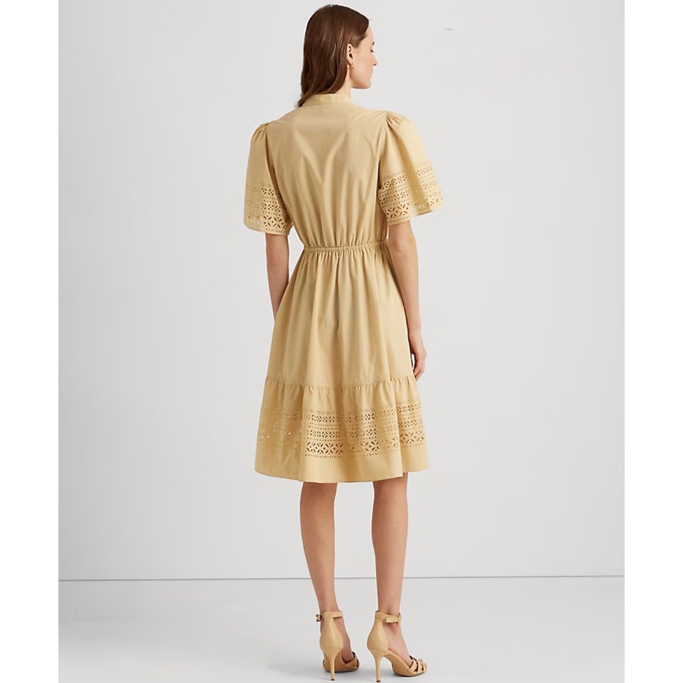 Lauren Ralph Lauren Eyelet Laser Cut Poplin Midi Dress Size 8 Beige Feminine