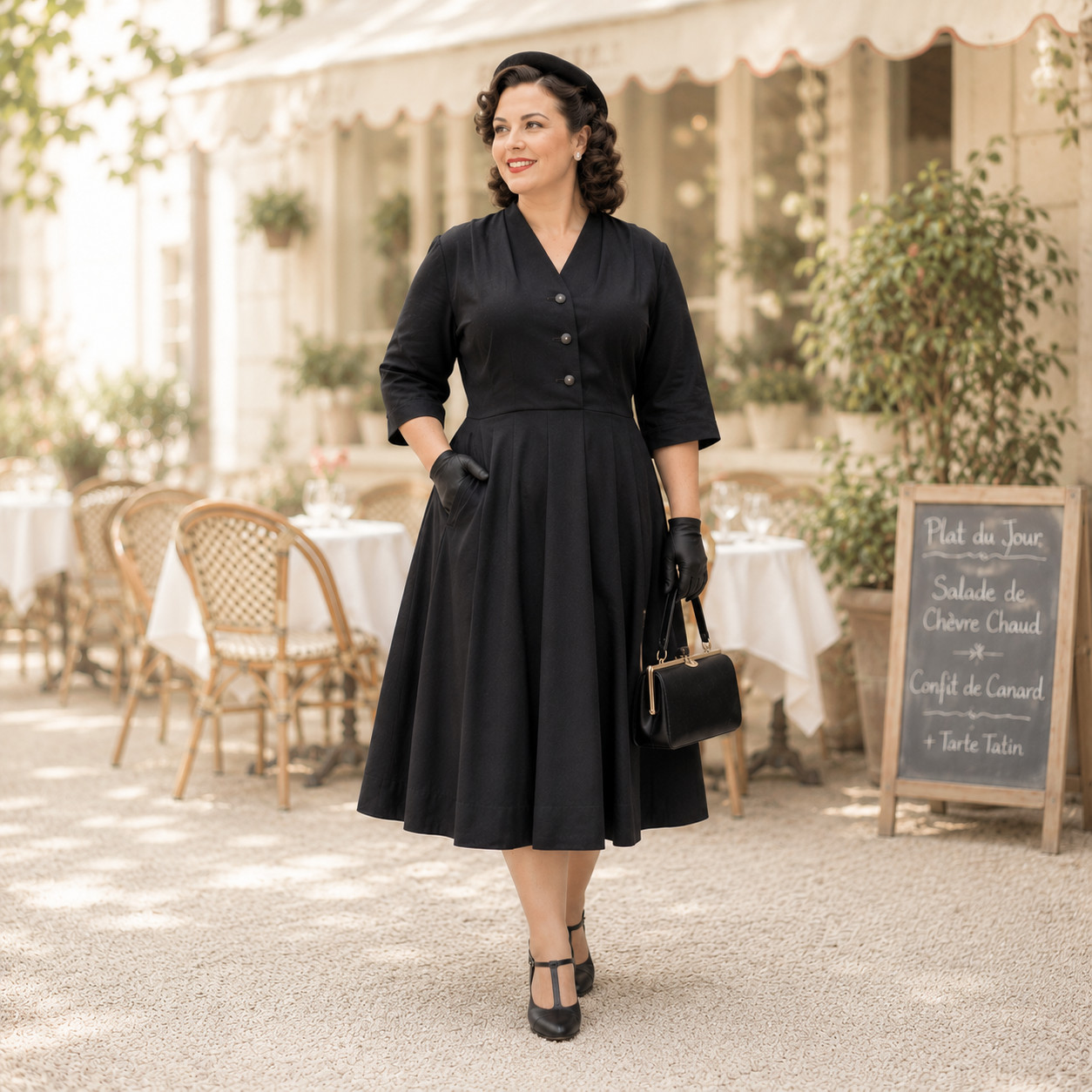 Vintage 1940s Black Rayon Day Dress – WWII Gothabilly Dark Pinup Large