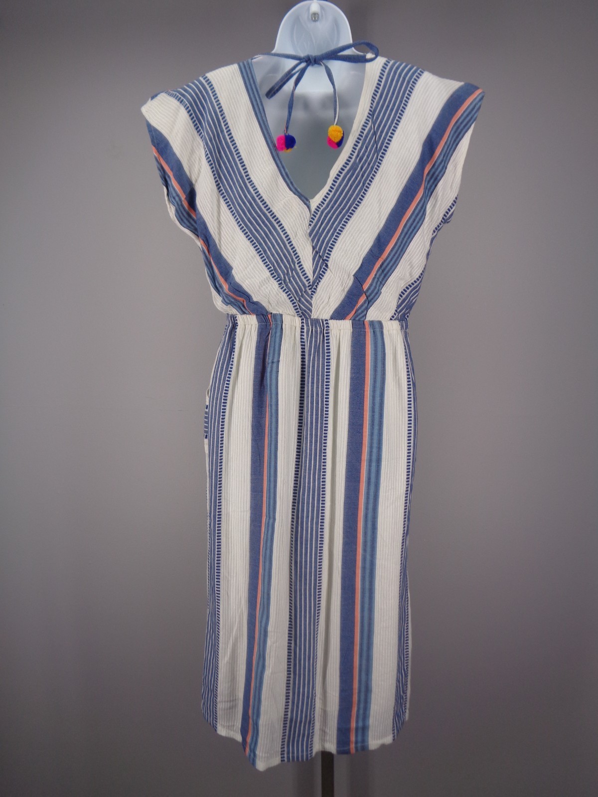 THML Stripe Pom Pom Tie Neck Dress Size Small White Blue Coral