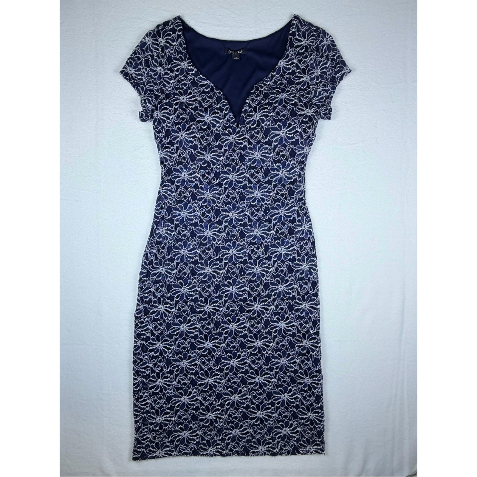 Roz & Ali Navy Blue Floral Lace Sequin Sheath Dress Size 6