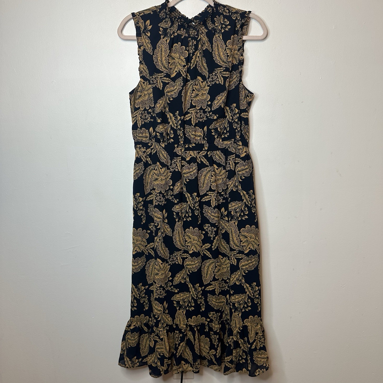 J Crew Women’s Blue & Gold Floral Chiffon High Neck NWT Dress Size 10