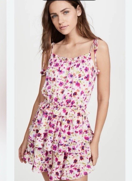 Misa Los Angeles Sz M Eliana Floral Mini Dress Ruffled Tiers Vacation Resort USA