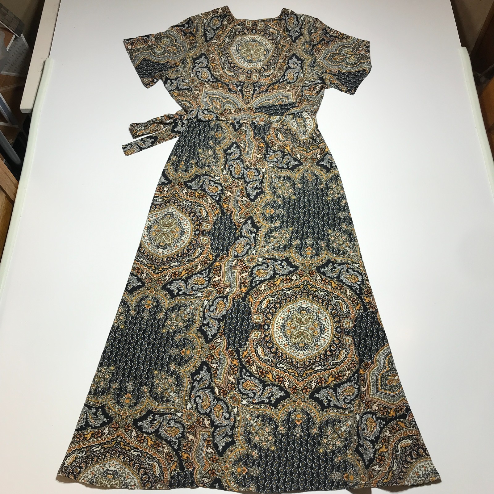 NWT Bishop + Young Woven Paisley Patchwork Wrap Dress Maxi in Black Combo XL