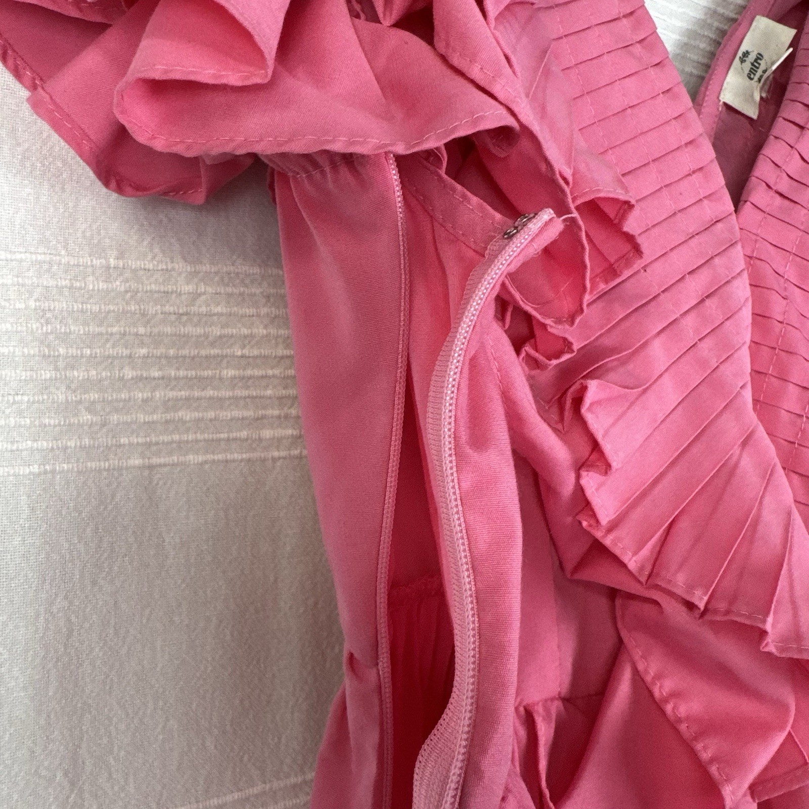 Pink Ruffle Flutter Pleated VNeck Mini Lined Dress Sleeveless Cotton Medium
