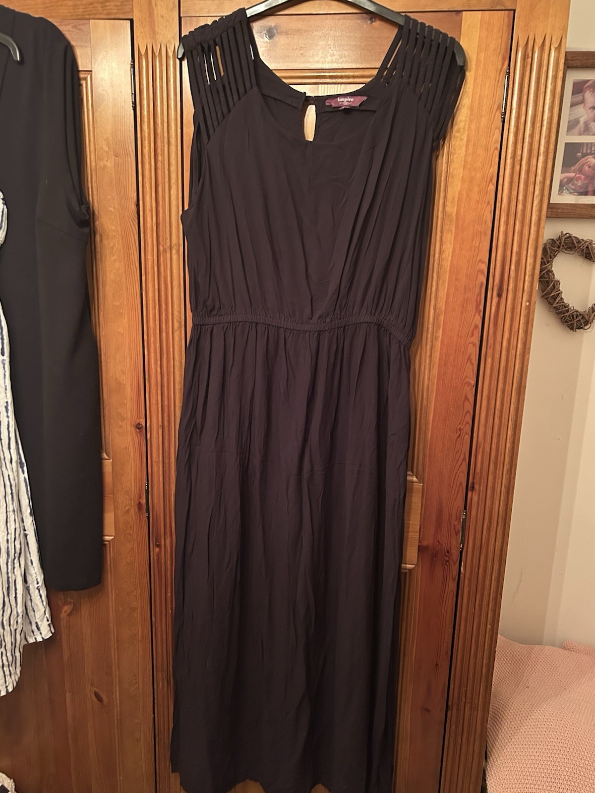 maxi dress black size 28 New Look VGC elastic waist shoulder cut out detail