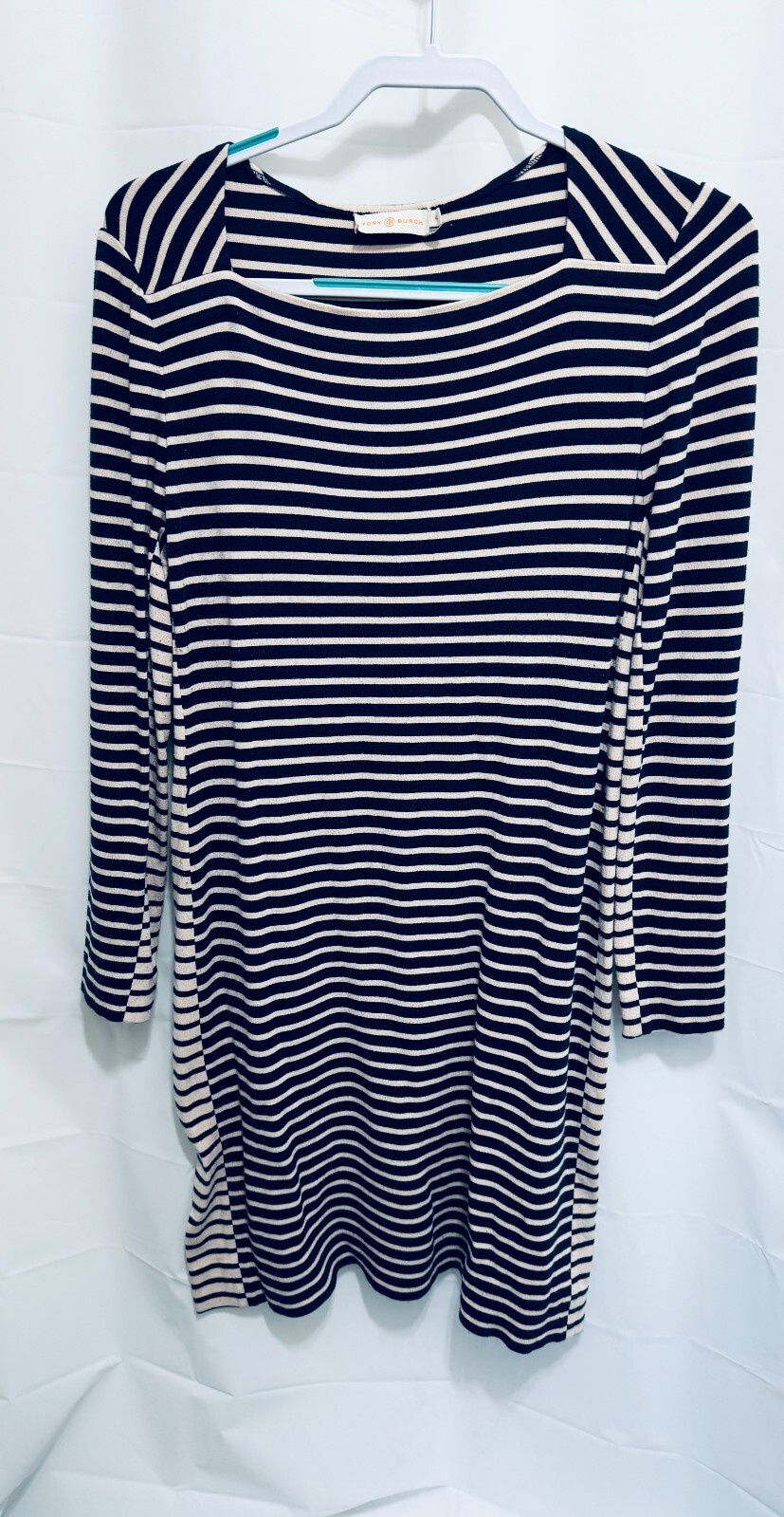 Tory Burch Women’s Long Sleeve Square Neck Dress, Size L, Blue Striped