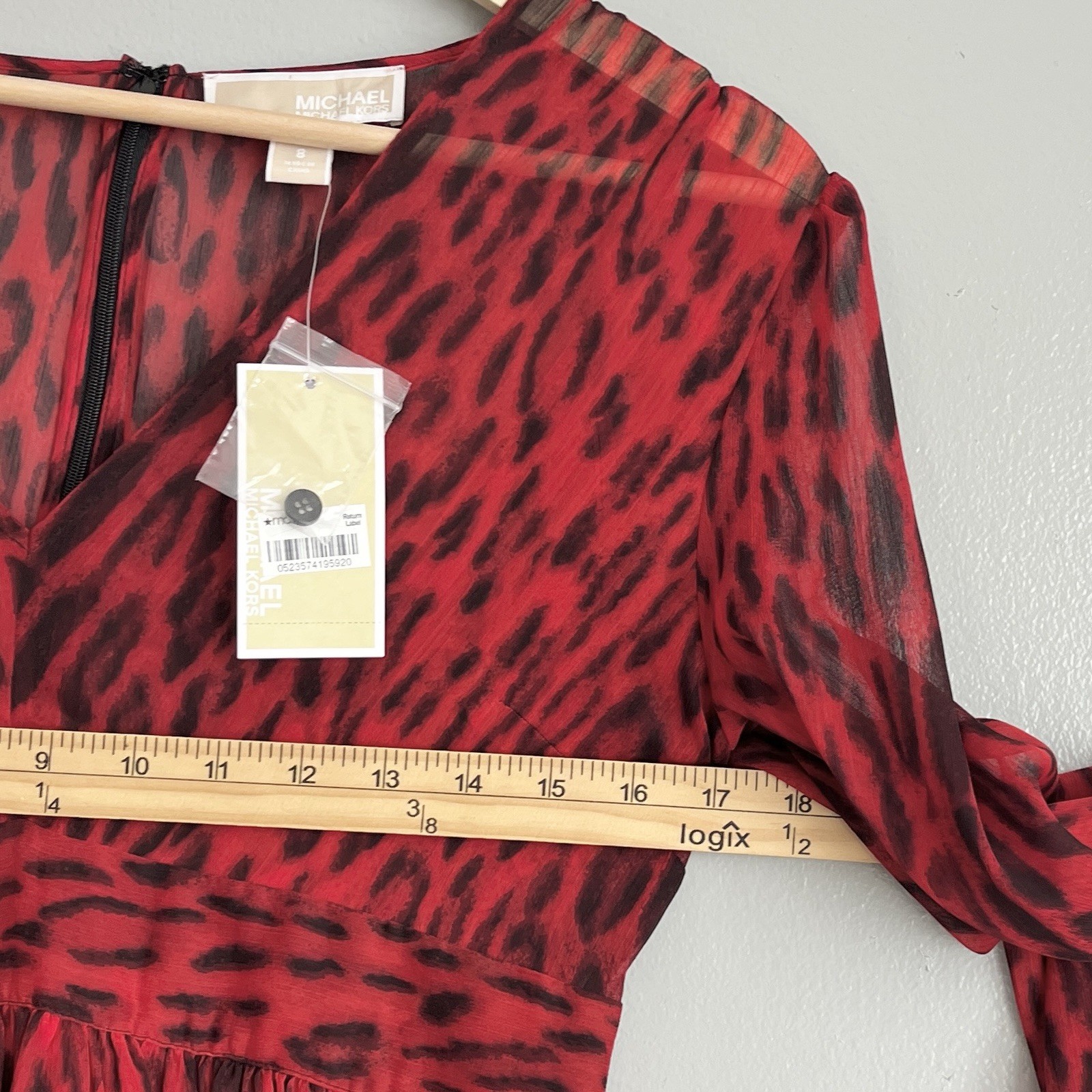 Michael Kors Leopard Print Georgette Mini Dress Red Blaze Long Sleeve 8 NWT