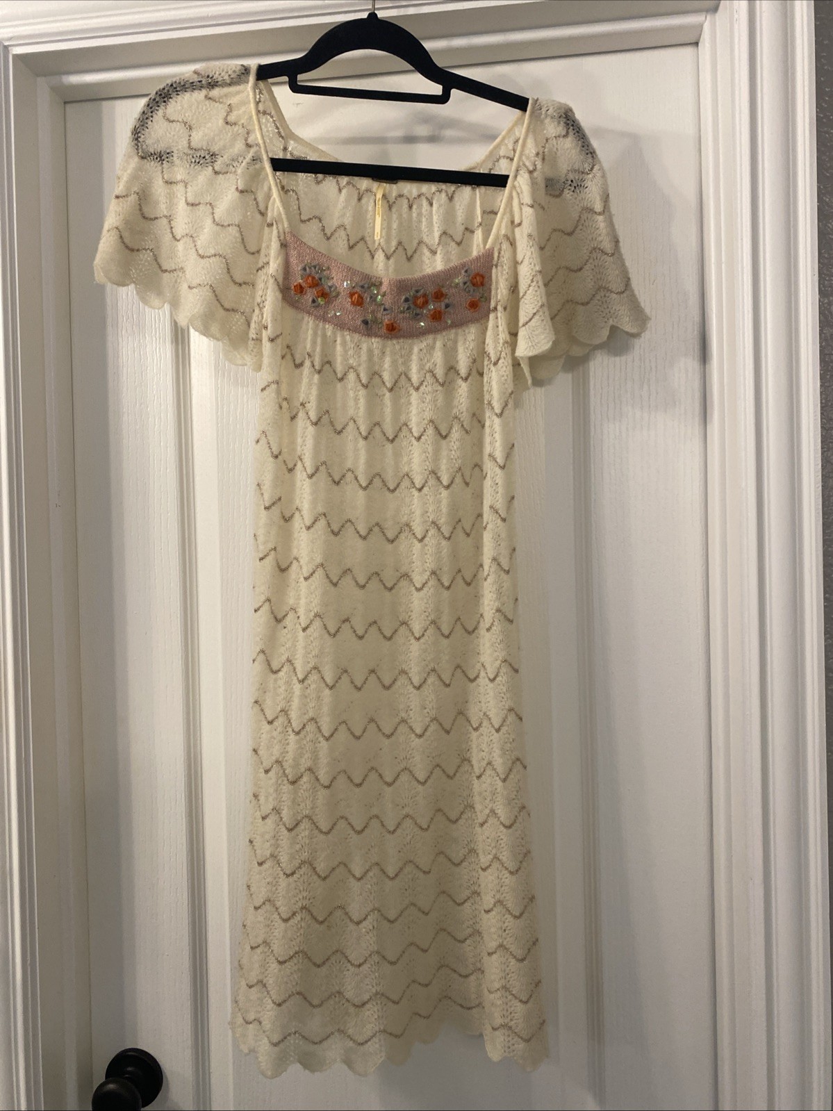 Vtg Free People Y2K Wool Blend Chevron Pointelle Knit Embroidered Dress Tunic SP