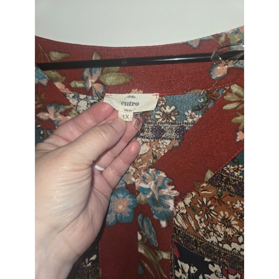 Entro Boho Patchwork Floral Rayon Mini Dress Rust 1X D13038P
