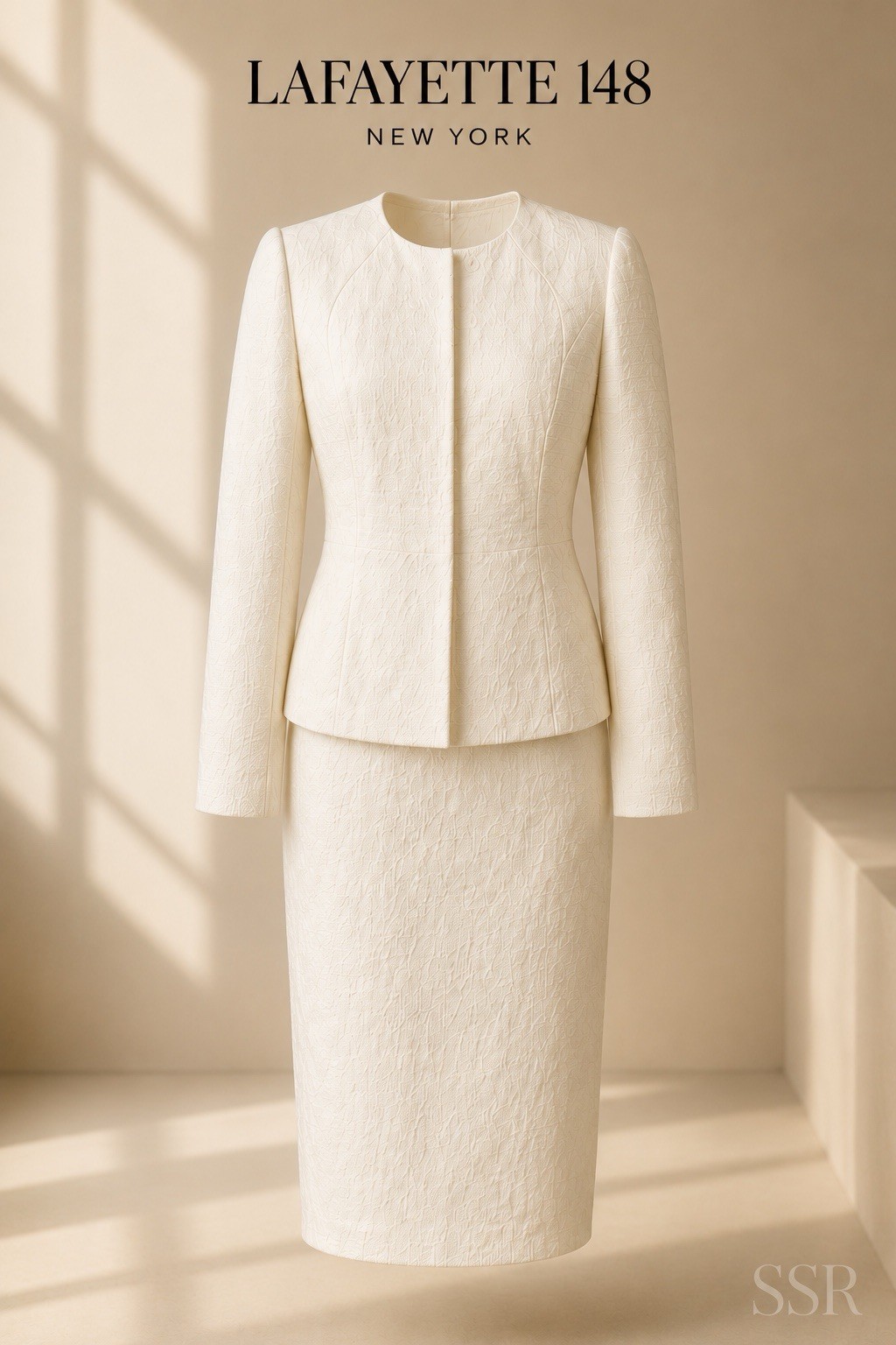 LAFAYETTE 148 New York Cream Sheath Dress & Jacket Suit Set Size 0 | Textured Ca
