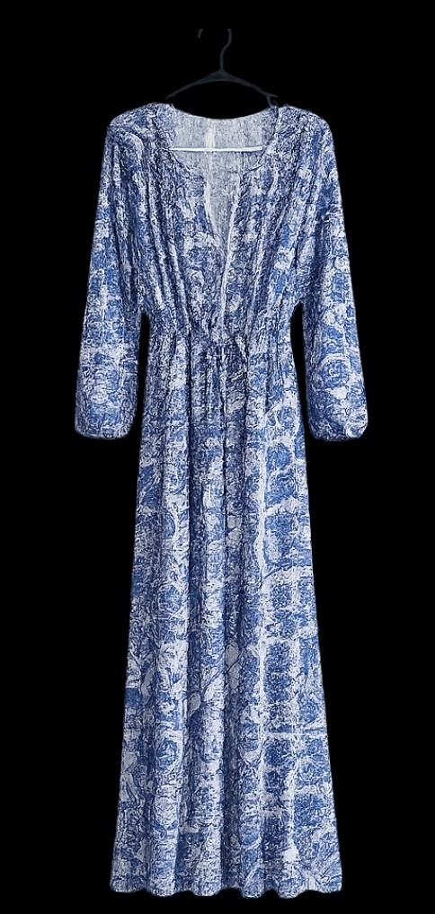 Women’s Blue/White Floral V-Neck Long Sleeve Maxi Dress M Pullover Nylon