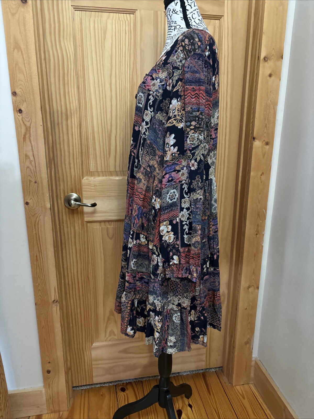 Papillon Patchwork Printed Dress Women’s XL Boho Artsy Blue Floral Style 15526