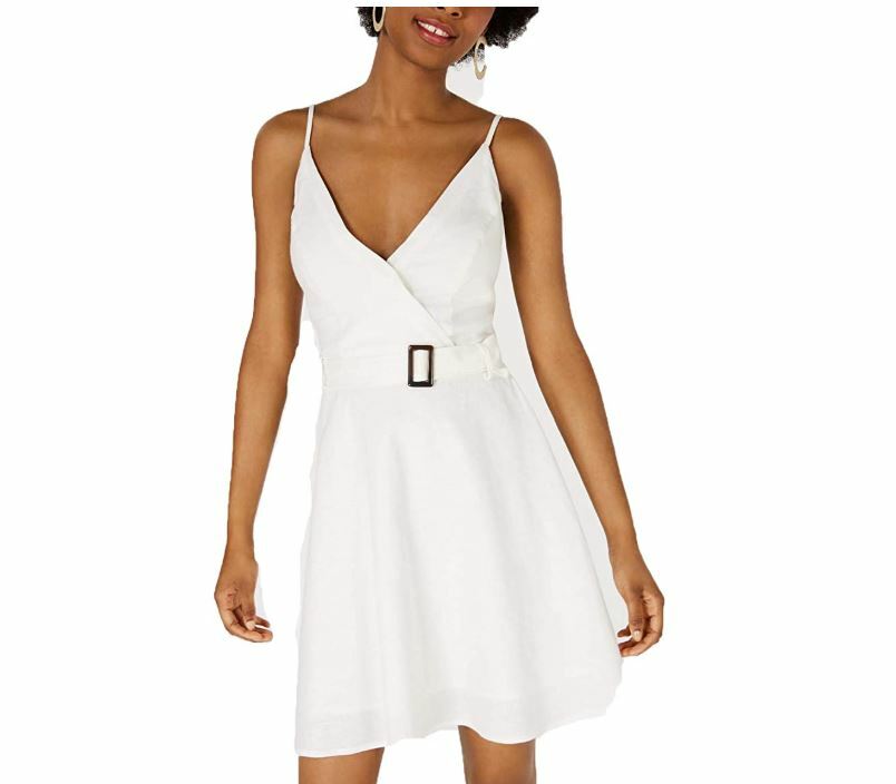 Sequin Hearts Junior Womens S White Sleeveless Belted Faux Wrap ALine Dress NWT