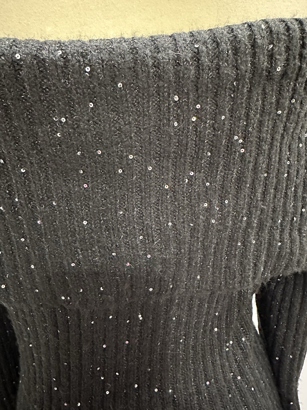 NWT NINA LEONARD Size Small Sequined Sweater Dress Off Shoulder Fold Over Collar