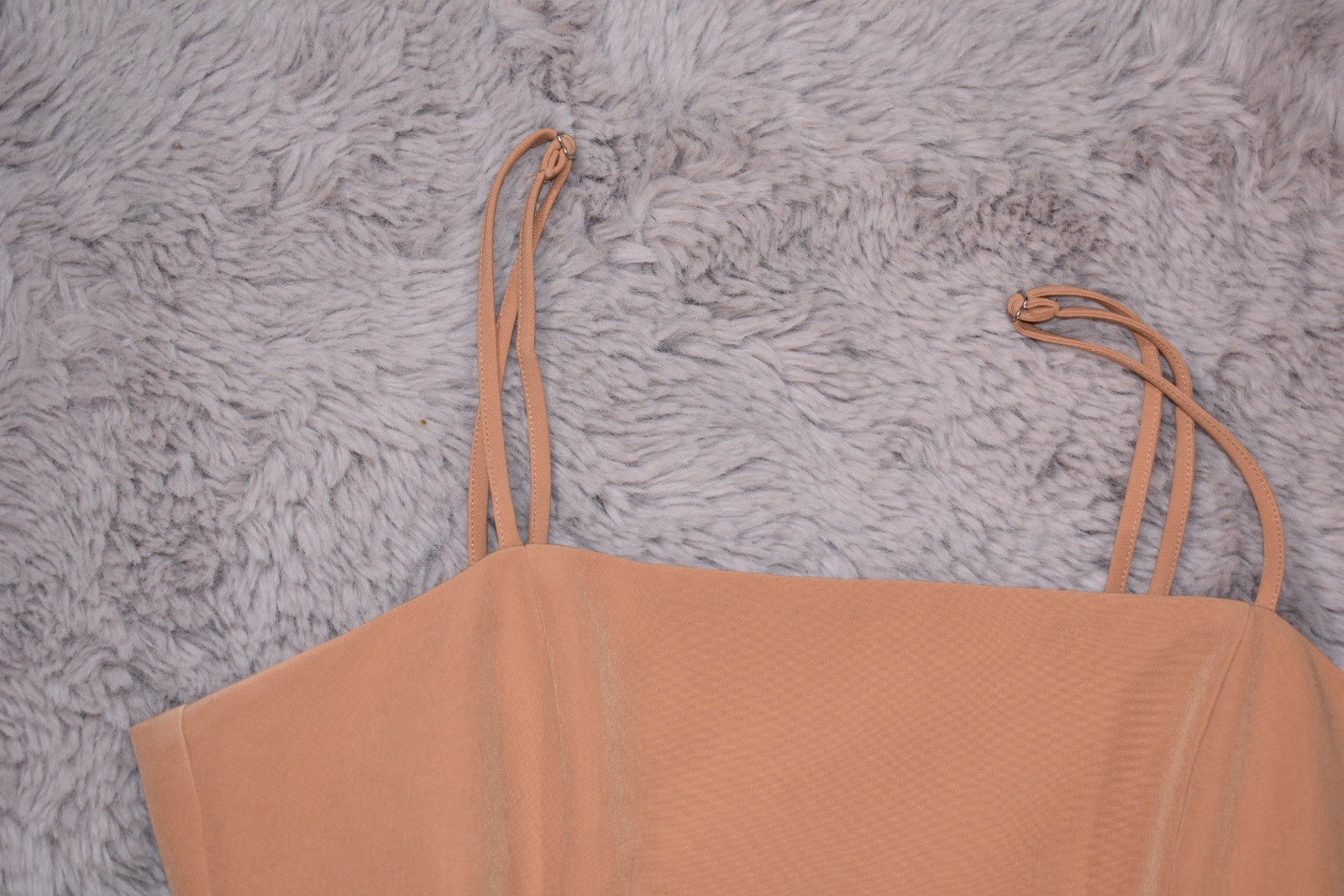 Gianni Bini Beige Bodycon Midi Dress Square Neck Ruched Spaghetti Strap 10