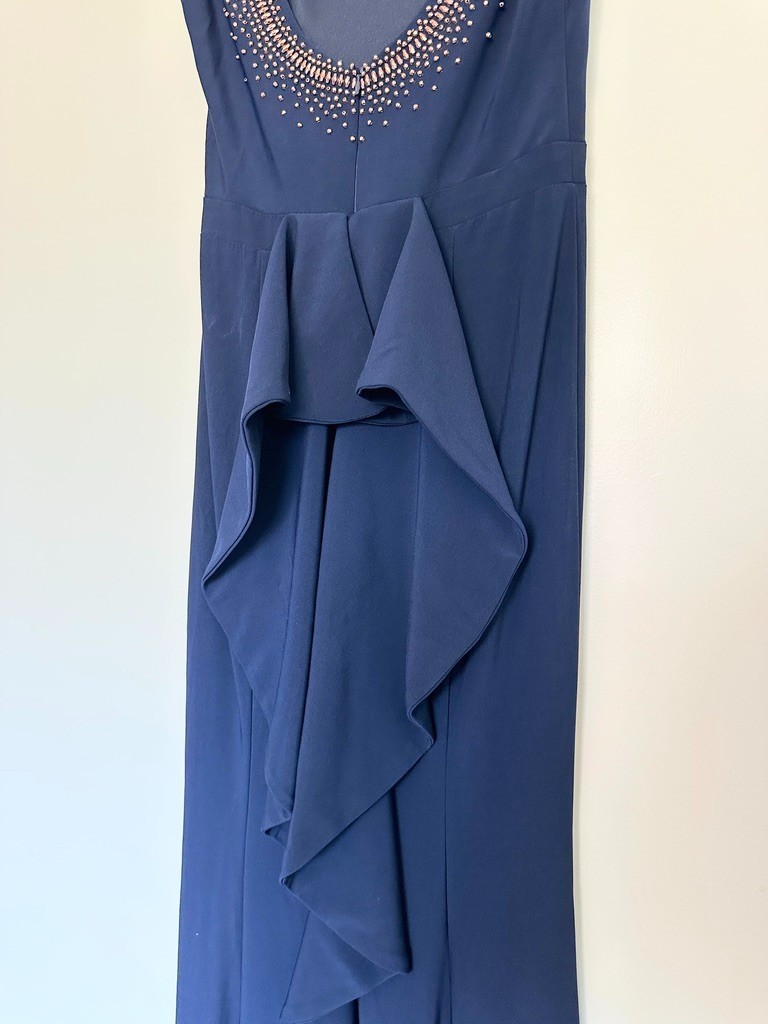 Xscape Beaded Ruffle Trumpet Hem Gown Navy Blue Mother of Bride Plunge Women’s 6