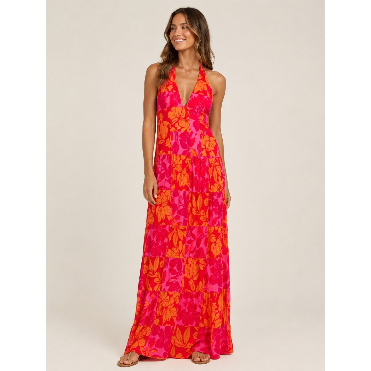 L*Space Anita Maxi Dress Sunset Palms Pink Orange Floral Halter Small NEW