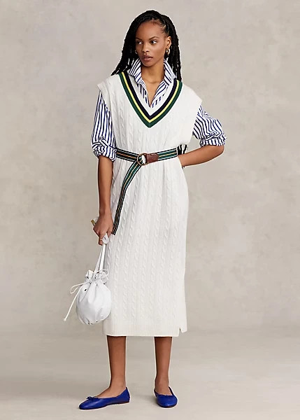 $498 Polo Ralph Lauren SZ S Cream Cable-Knit Cricket Midi Sweater Dress