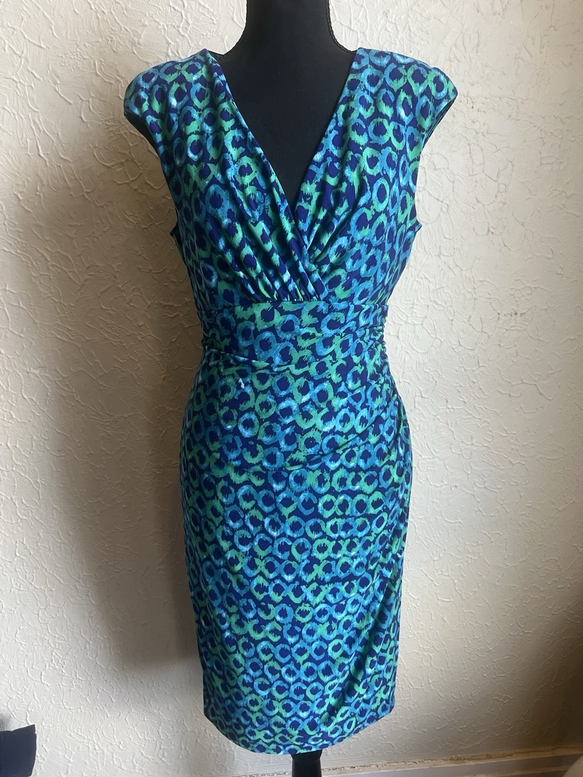 Ralph Lauren Blue/Green Abstract Peacock Print Stretch Empire Waist Dress 12