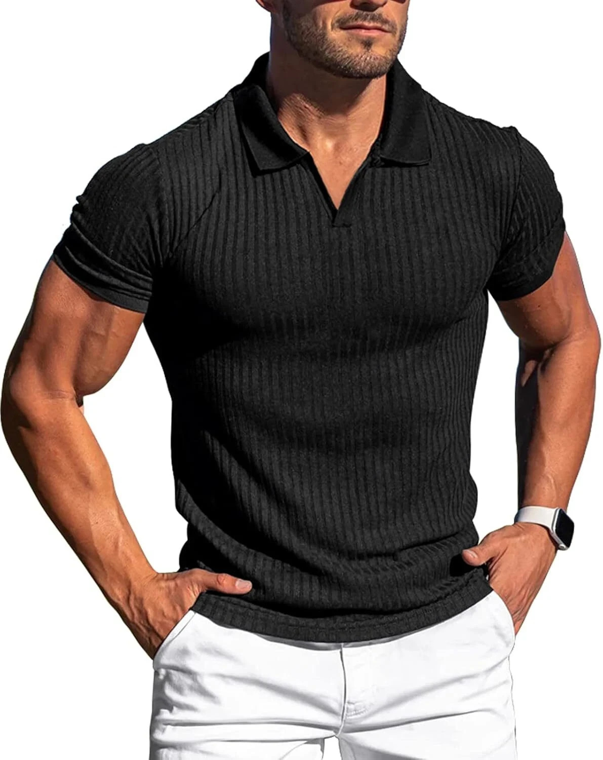 Mens Slim Fit Ribbed Knit Polo Shirt Short Sleeve V Neck Casual Muscle Tee Top
