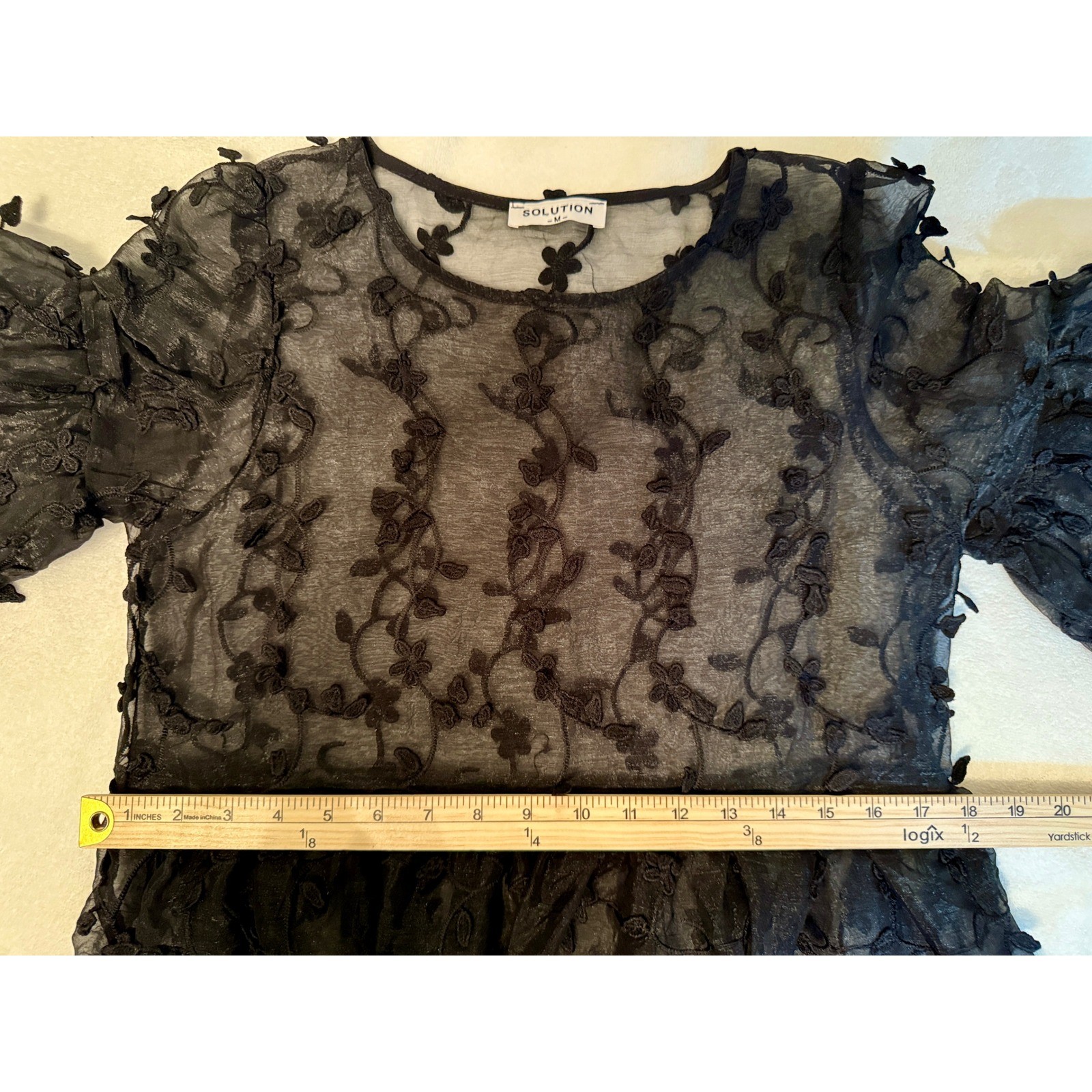 Solution Black Sheer Black Embroidered Mesh Babydoll Dress Bell Sleeve Size M