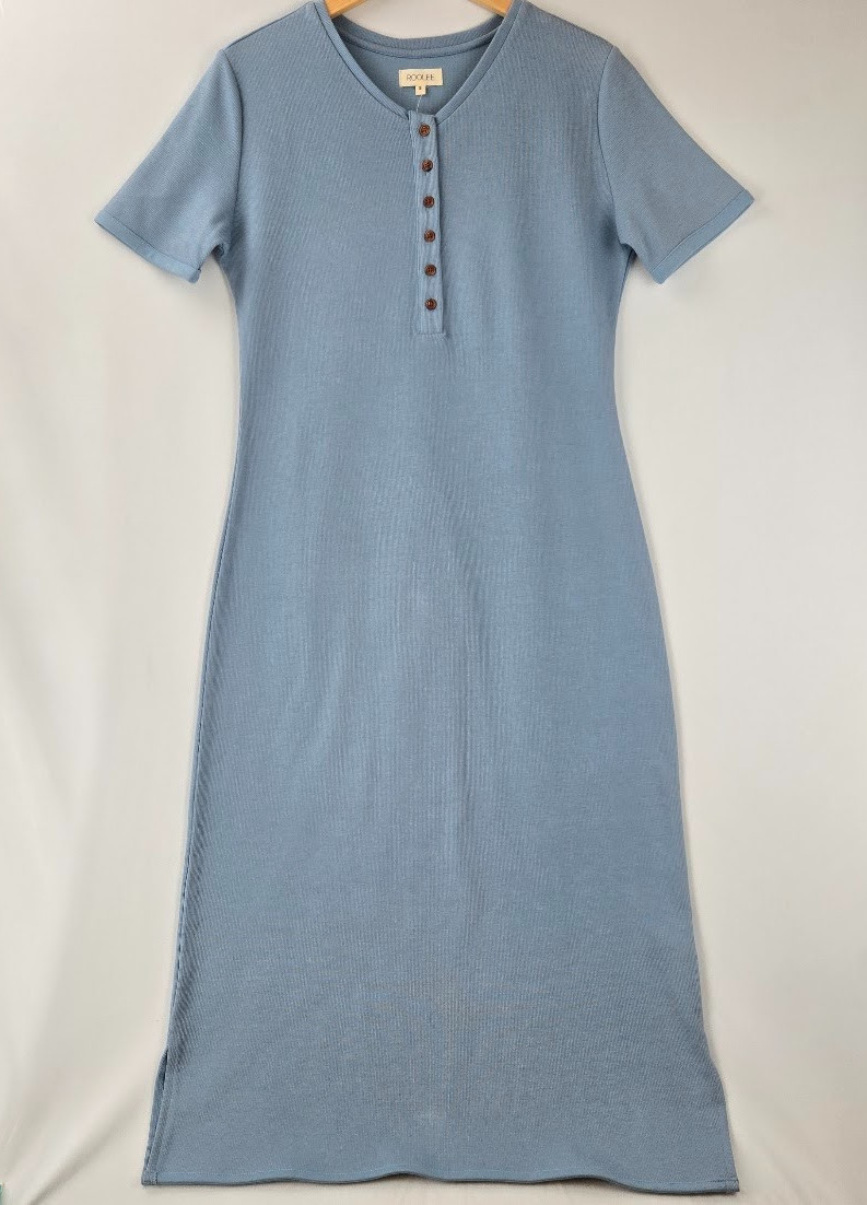 ROOLEE Blue Knit Midi Dress Buttons Polyester/Cotton Short Sleeve W. Size Sm NWT
