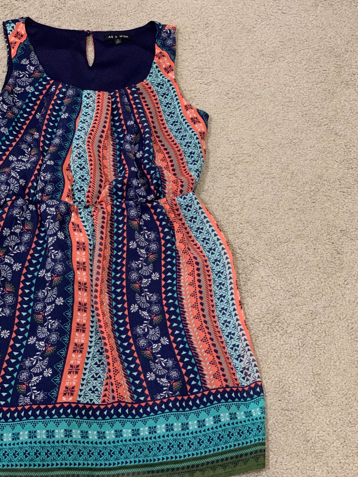 As U Wish Dress Womens Size Small Boho pattern Sleeveless Fit Flare Keyhole back