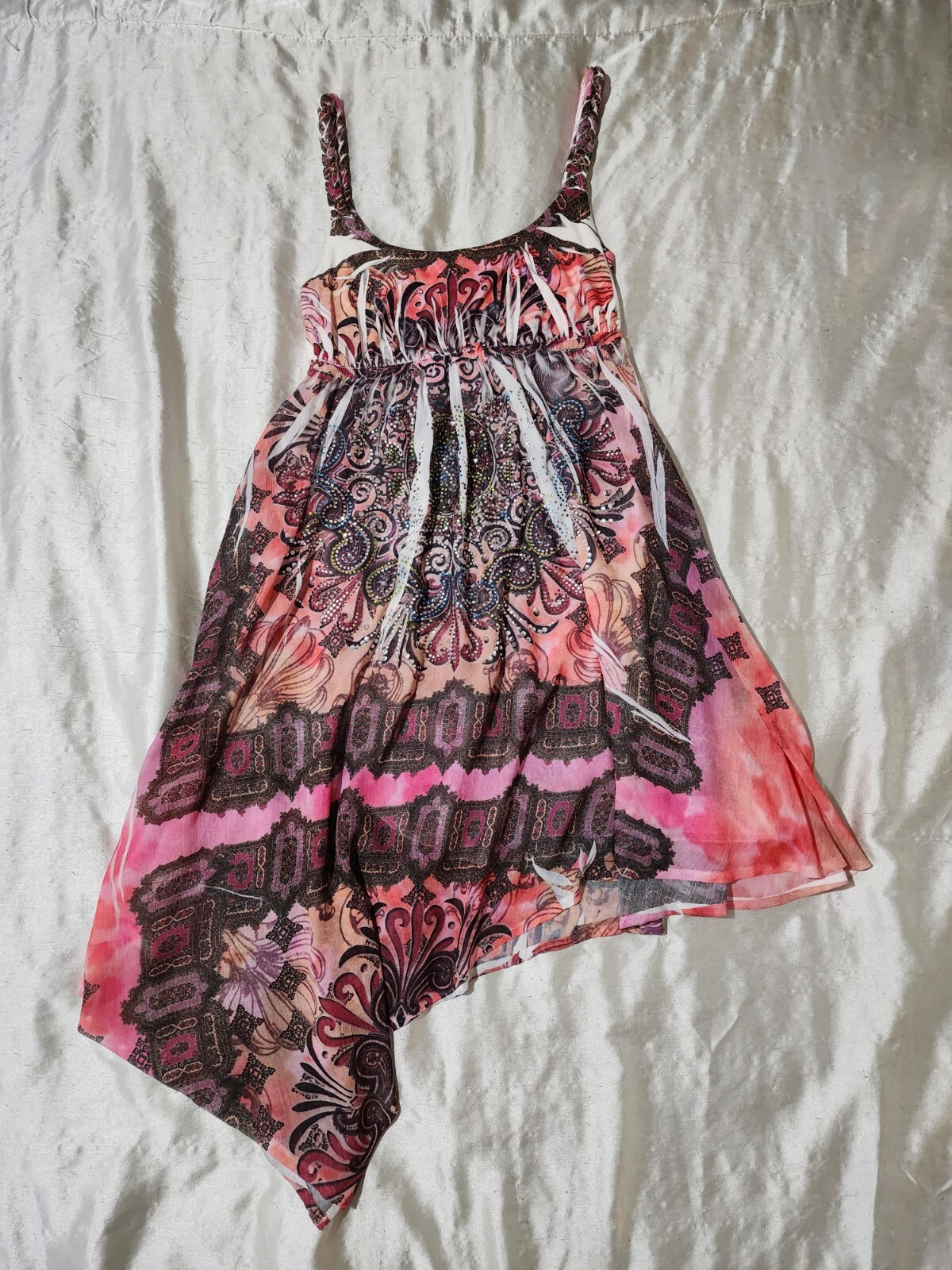 S-12 Braided Strap Asymmetrical Hem Rhinestone Empire Waist Dress Size Small