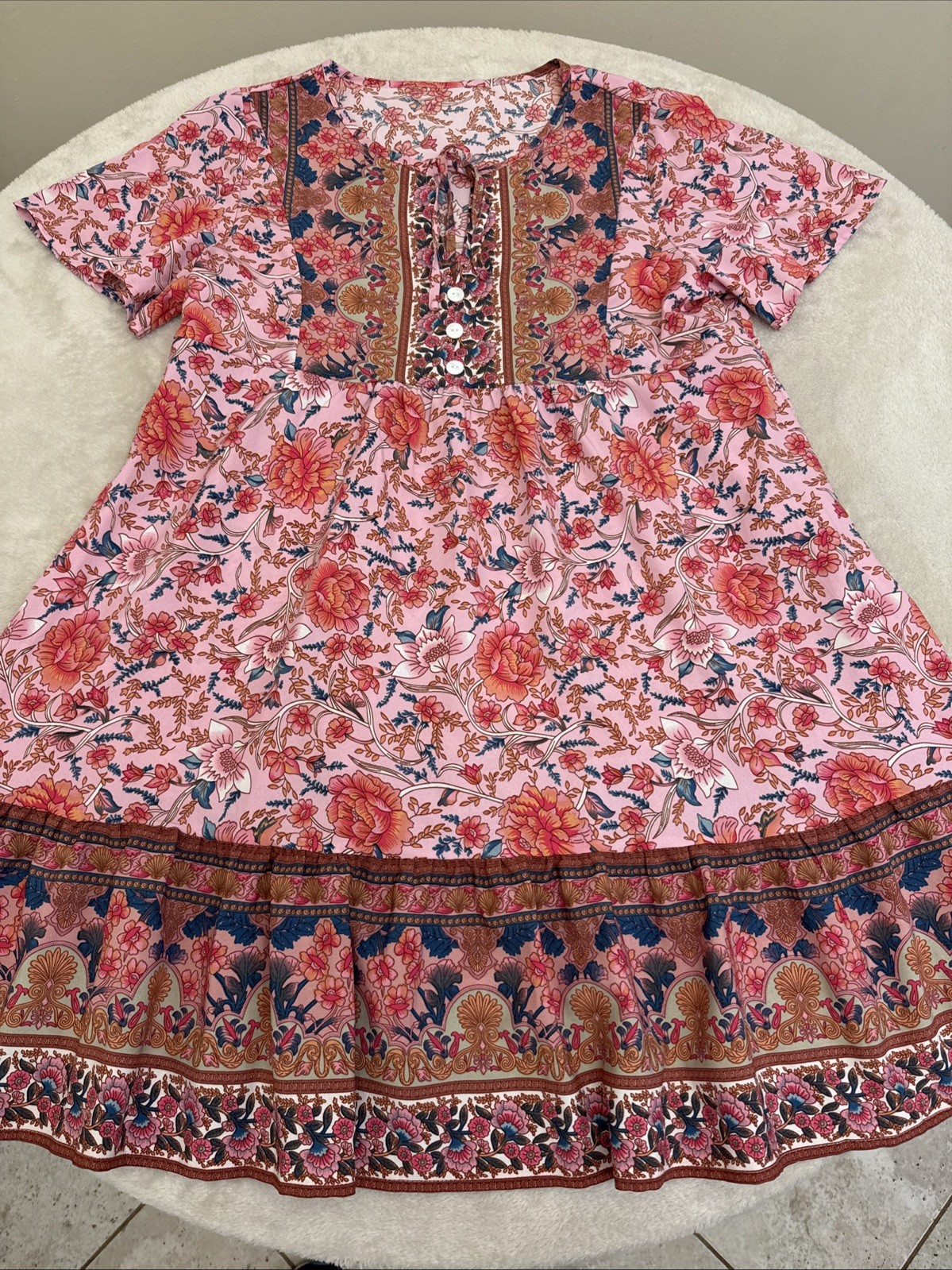 Womans Floral Pink Short Sleeve STRETCH Summer Dress Size LARGE 8/10 NEW!
