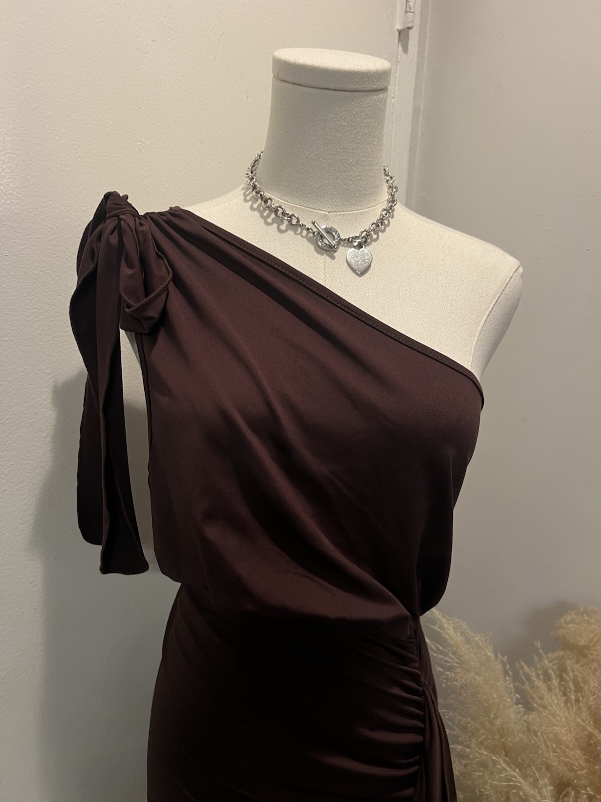 SHEIN Curve Brown Solid One-Shoulder Bow Bodycon Mini Dress Plus 0XL