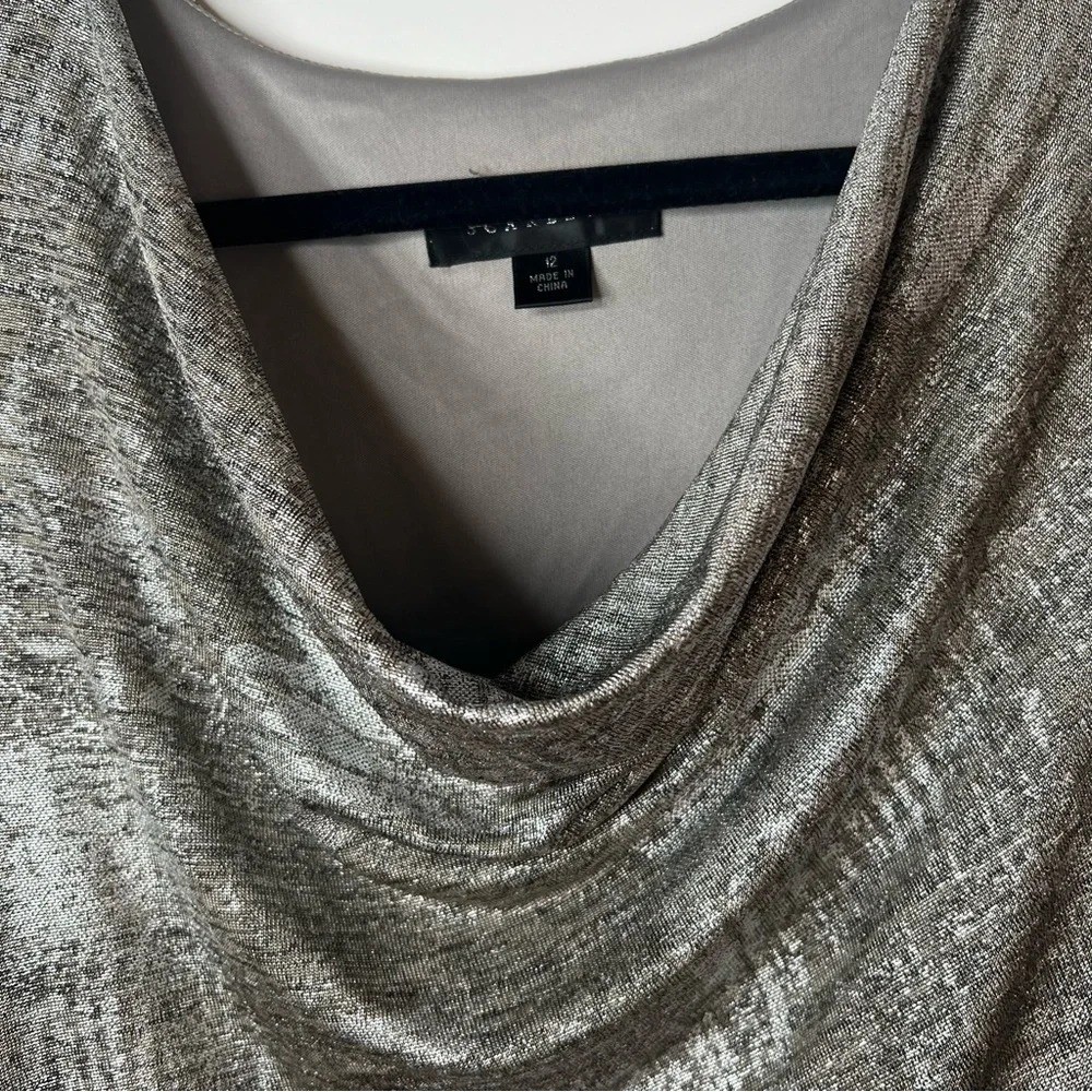 Scarlett Shimmery Silver Cinched Waist Drape Neck Fully Lined Dress. Size 12.