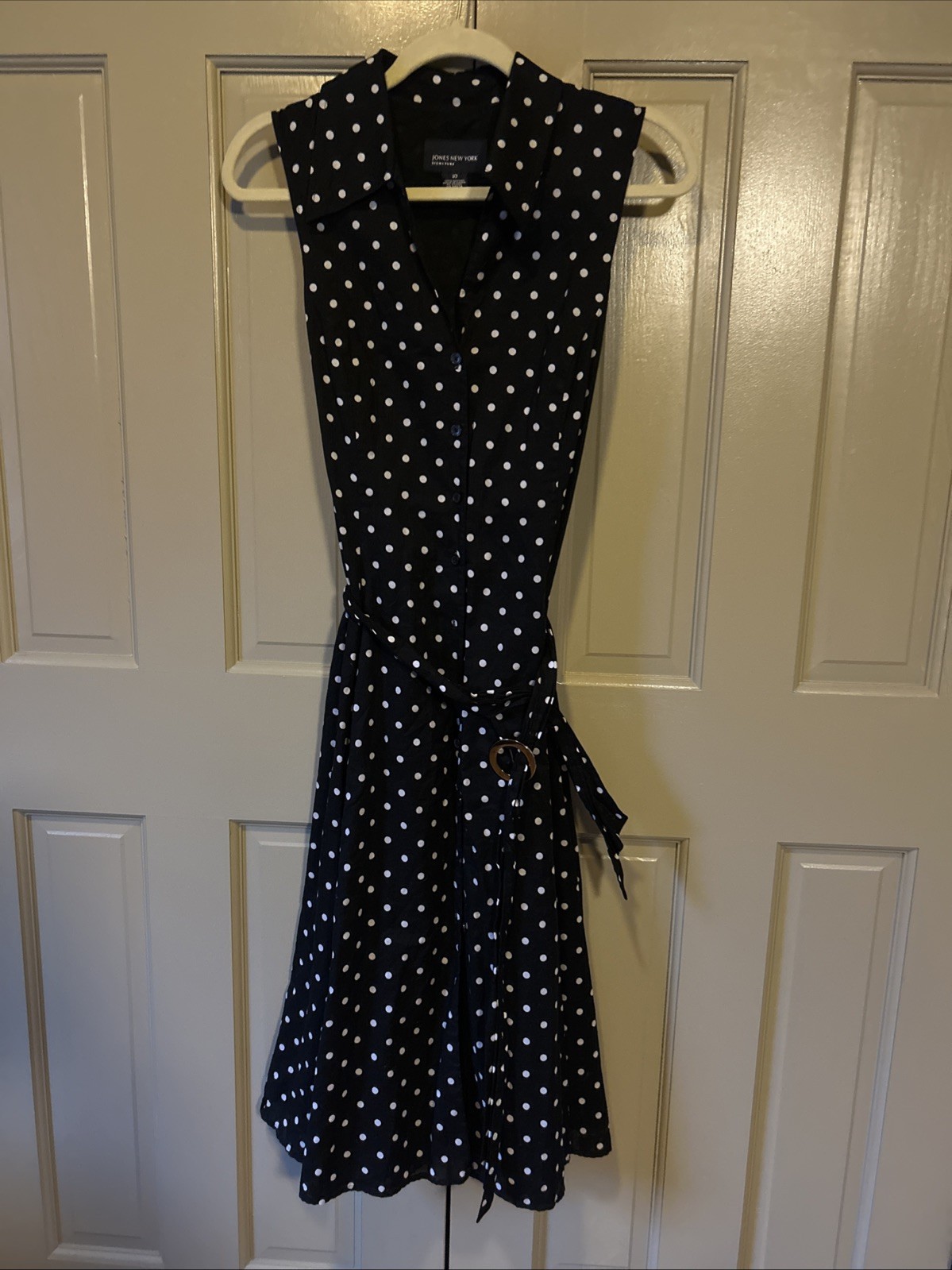 Women Jones 10 Button Dress Belt cotton Navy Dot Coastal Nautical Classic Chic