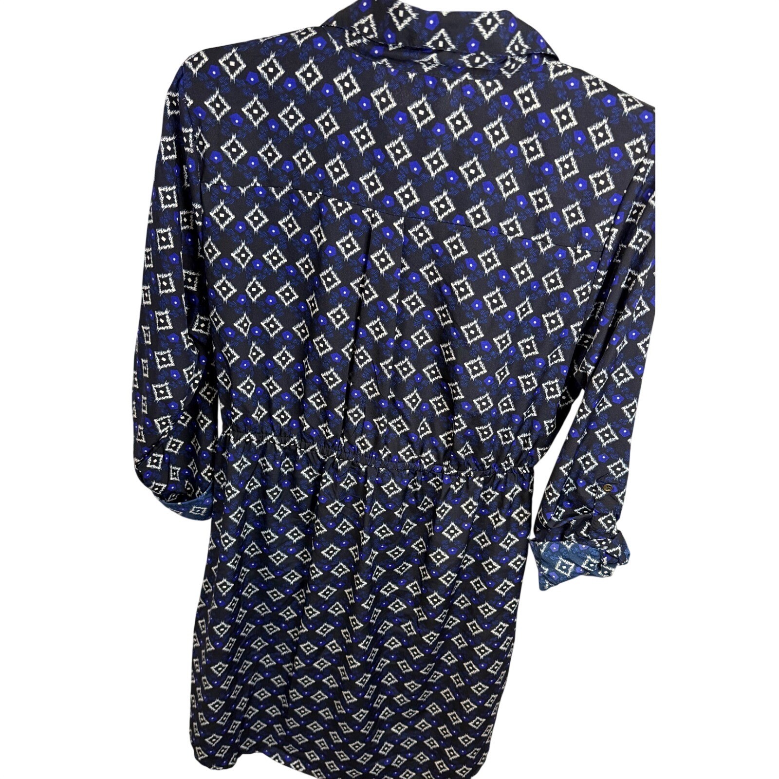 Indulge in Style Wms 1X Blue Ikat Print Button Front Shirt Dress Roll Tab Sleeve