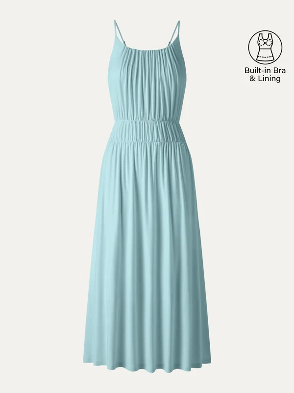 Women’s U Neck Spaghetti Strap Midi Dress Built In Bra Pockets, Blue, Freeship