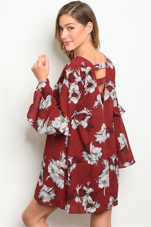 Loveriche Wine Red Floral Bell Sleeve Tunic Dress Size Large
