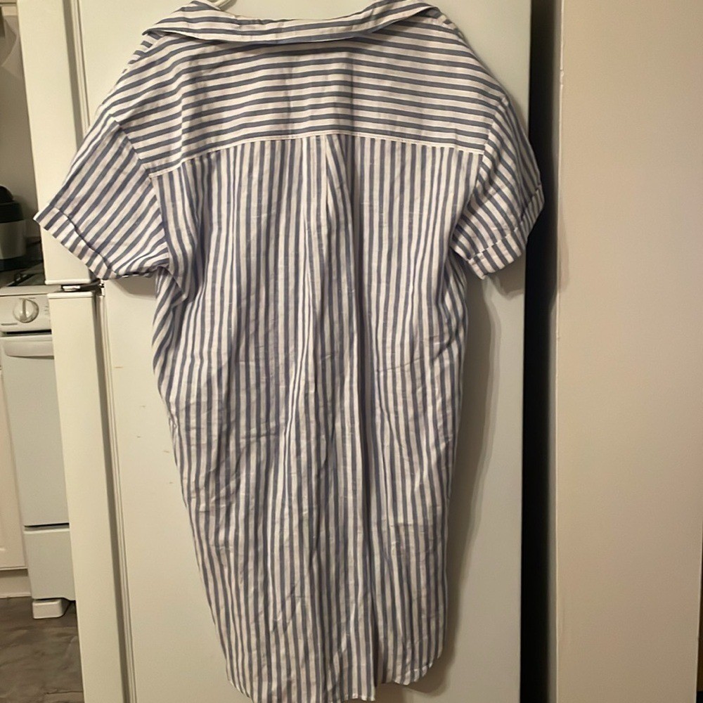 GAP Womens Large Oversized Blue White Striped Button Up Linen/Cotton Blend Dress