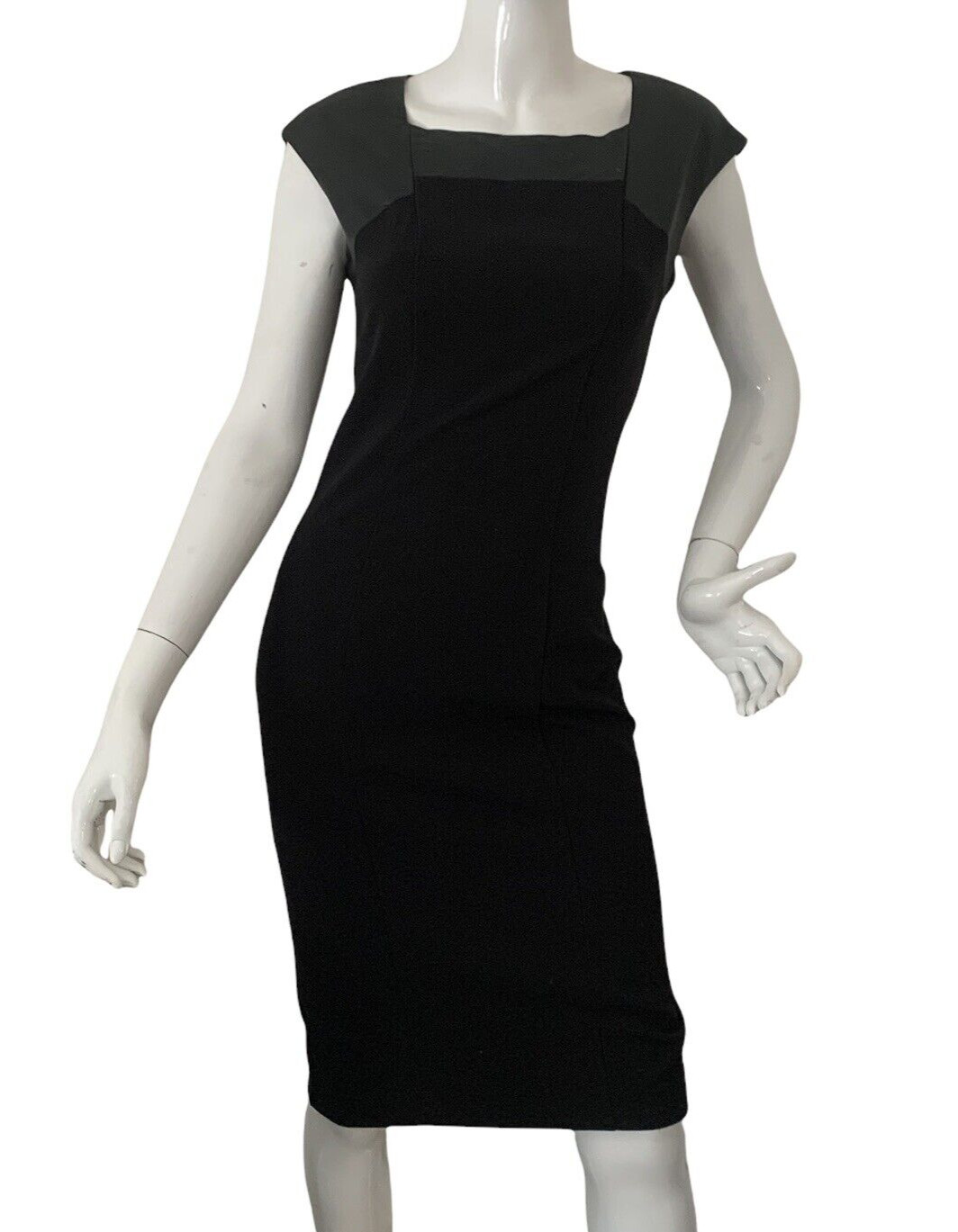 {MOSSIMO} Dress Black Sheath Faux Leather Detail Collar/Sleeve Stretch Lined ~6