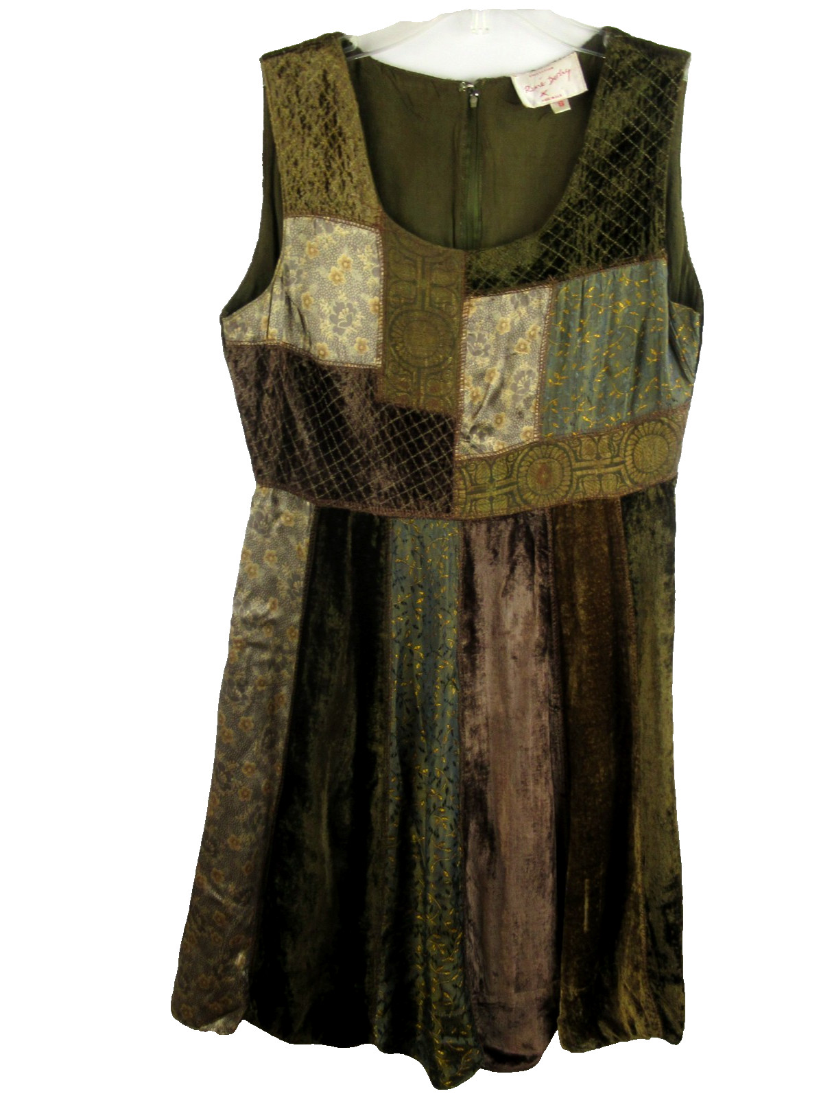 Vintage RENE DERHY VELVET PATCHWORK DRESS Brown Olive Scalloped Hem Size S Boho