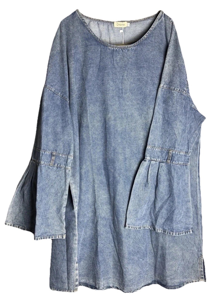 Ursime Denim 4XL Indigo Blue Bell Sleeve Retro Tunic Chambray Acid Wash Dress