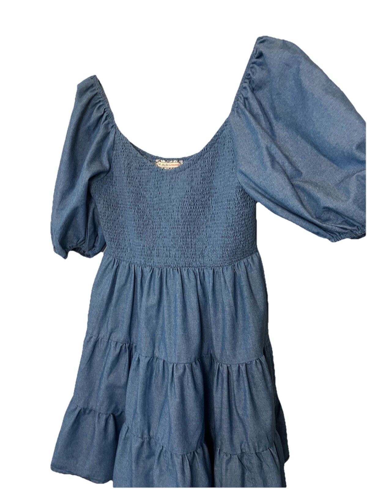 A. Calin by flying tomato Dress LARGE Short Balloon Sleeve Smocking Tiered Blue