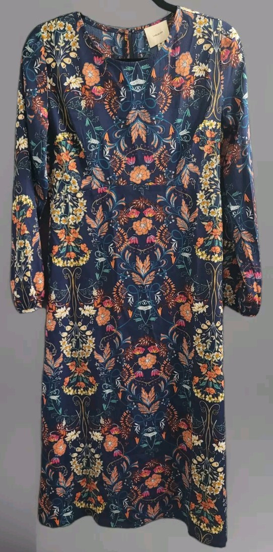 I. Madeline M Garden Splendor Navy Blue Floral Print Long Sleeve Midi Dress NEW