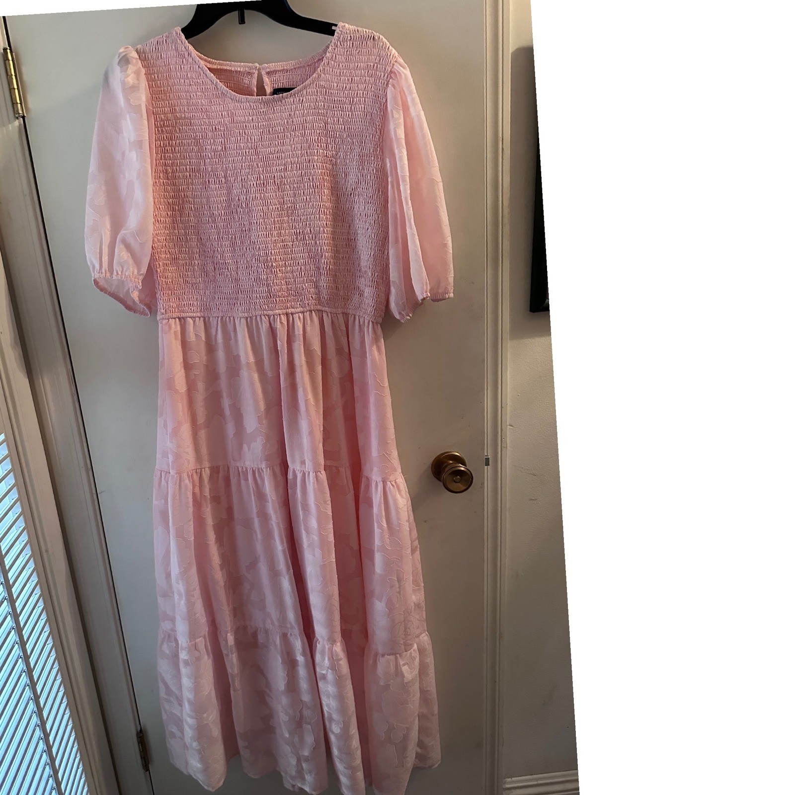 Merokeety Pink Smocked Midi Dress Floral Jacquard Puff Sleeve Tiered Large