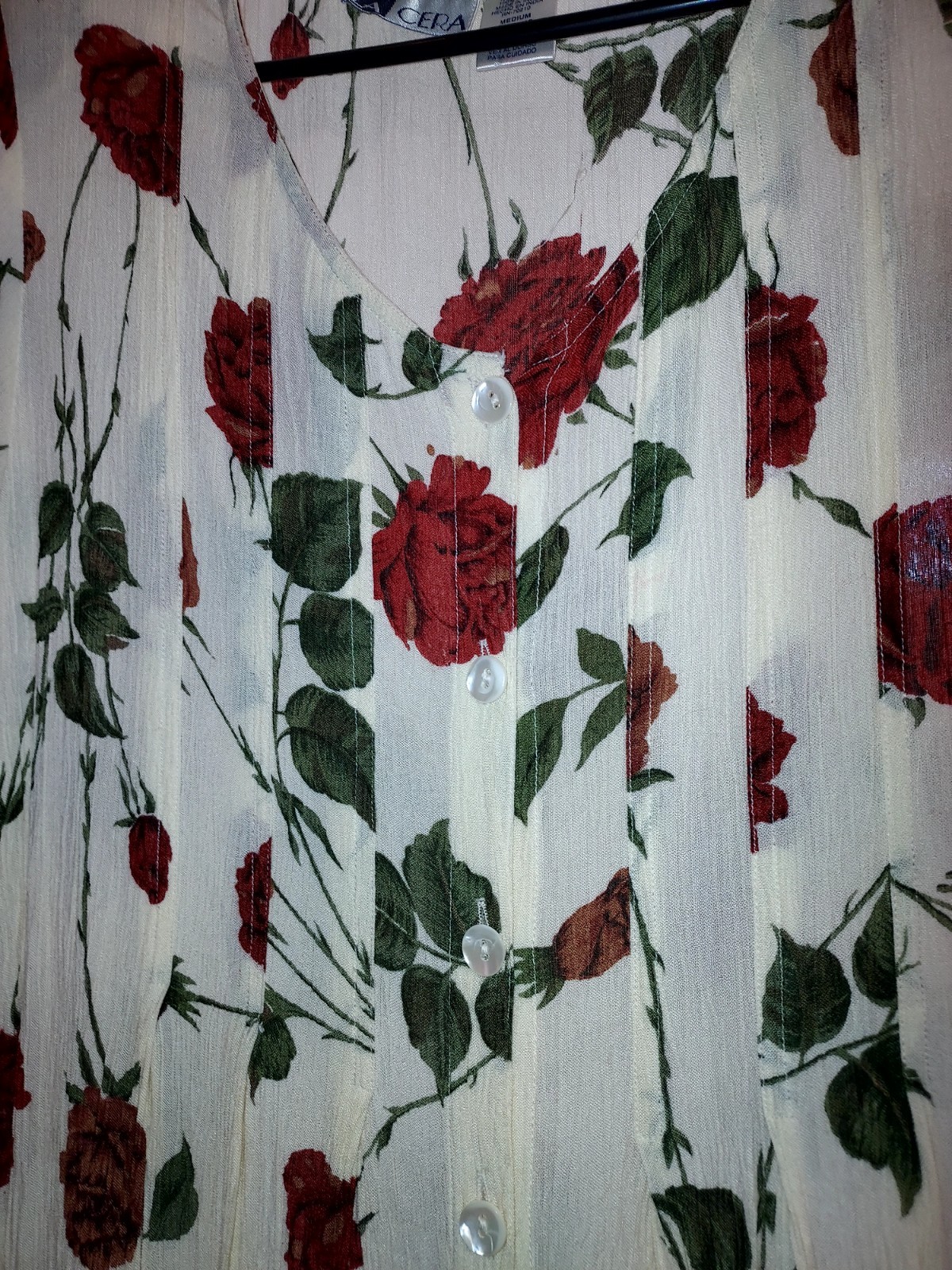 Cera Floral Sheer Midi Button Dress Tie Back Short Sleeve Ivory Red Medium