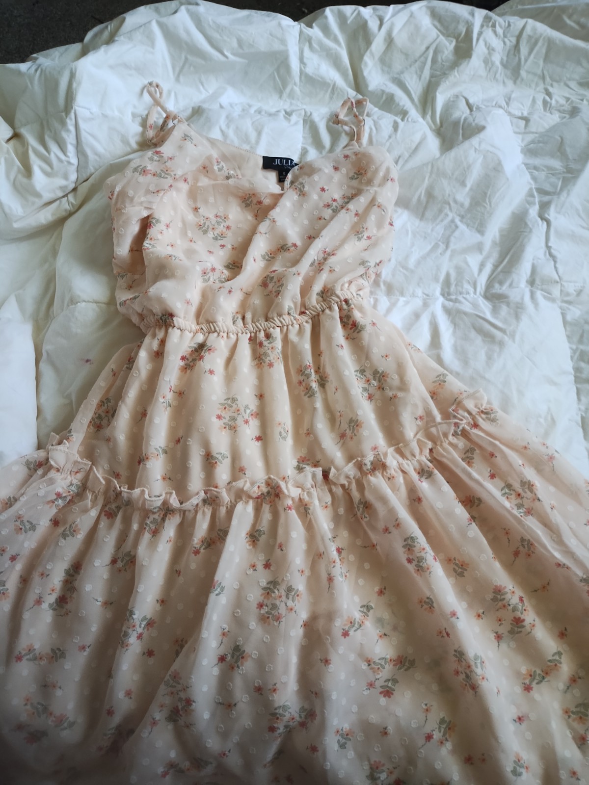 JULIE Size S Beige Floral Chiffon V-Neck Midi Ruffle Dress Spaghetti Straps