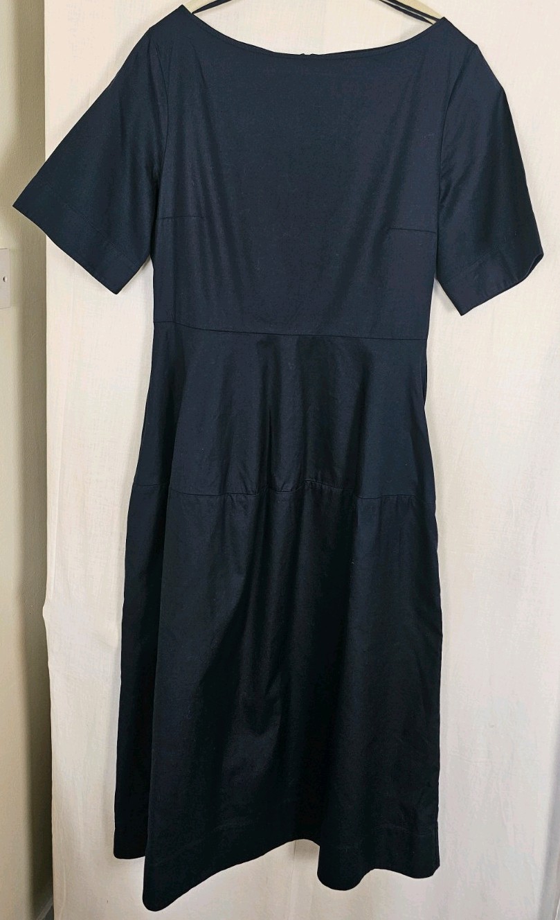 COS Dress Size UK 10 Navy Blue Cotton Pockets A Line Boat Neck Midi Length