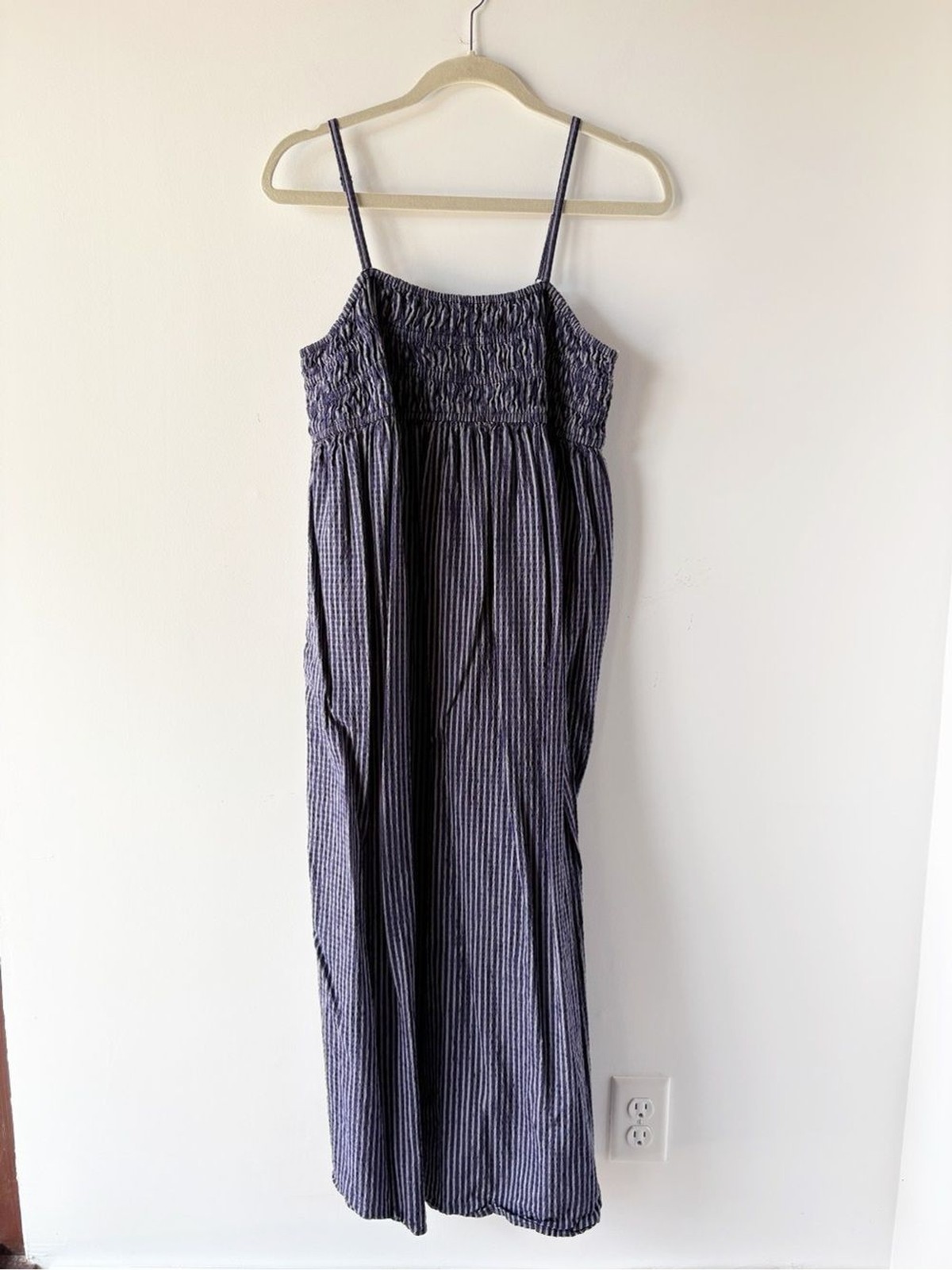 A New Day Striped Smocked Cami Maxi Dress Navy Blue White Spaghetti Strap