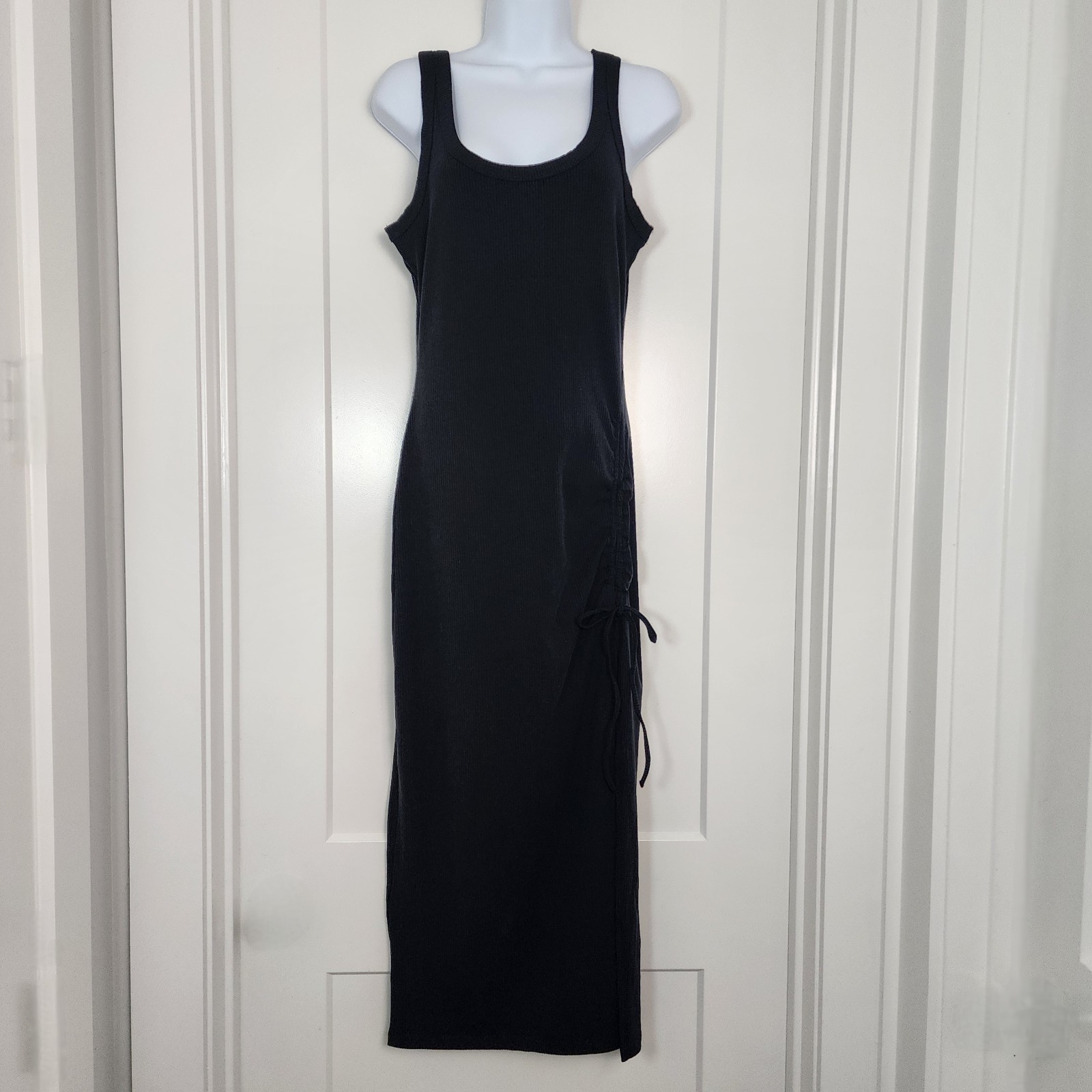 L*SPACE Sandpiper Dress M Black Ribbed Ruched Midi Quiet Luxury NWT Beach Resort